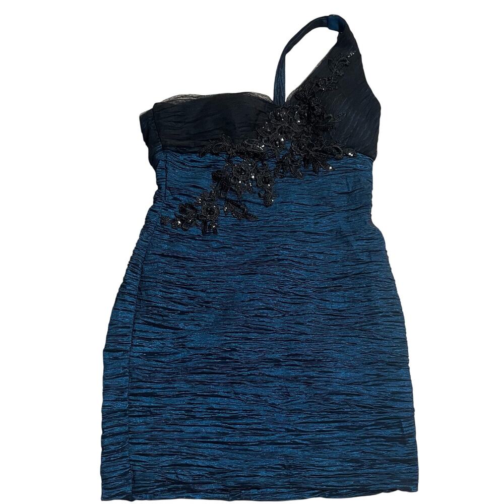 Onyx Nite Mini Dress One Shoulder Embroidered Ruched Formal Sz 14 Black Blue